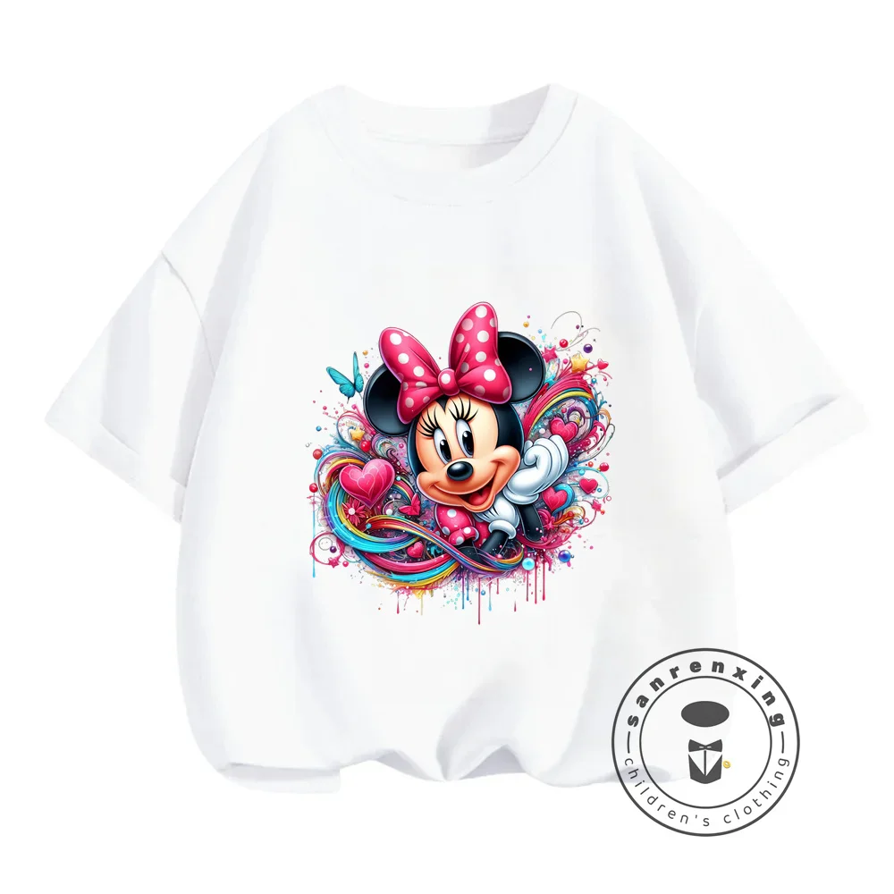 Summer Fun Disney's Mickey Mouse Kawaii T-Shirts Cute O-Neck Solid Color Tops for Boys Girls Featuring Adorable Cartoon Prints