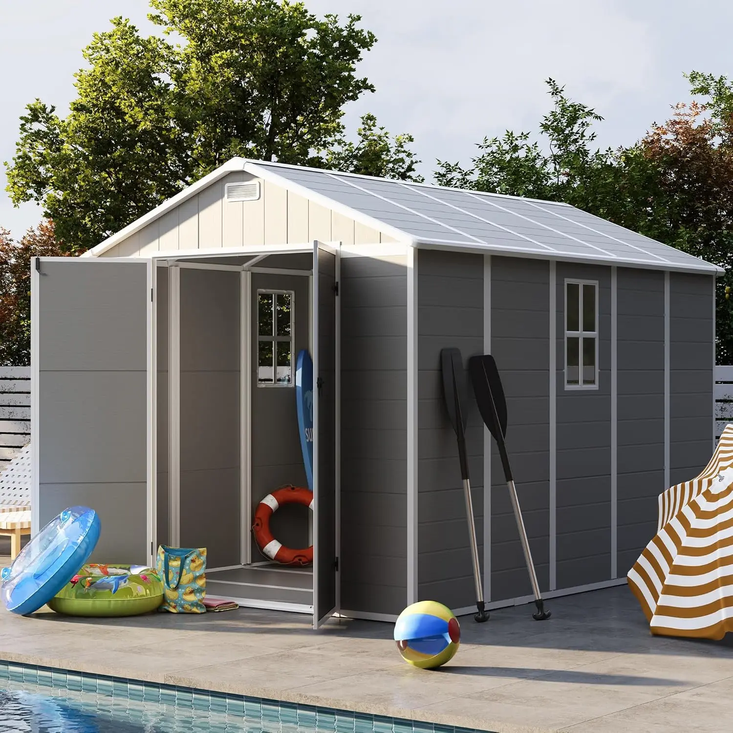

NEW Storage Shed 8 x 10 FT, Resin Outdoor Garden Sheds with Floor Plastic Patio Outdoor Storage with Lockable Door for Tool, Bik