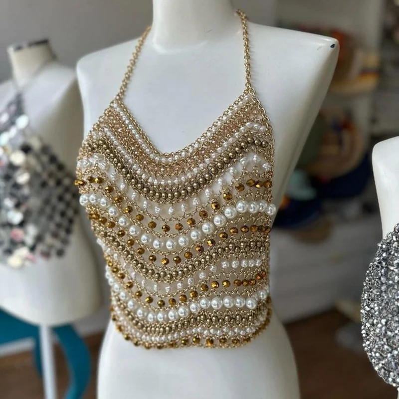 

Красочный бюстгальтер с цепочкой из бисера, модный многослойный жилет, летняя цепочка для тела с искусственным жемчугом, топ из бисера, топ с открытой спиной, сексуальные подтяжки