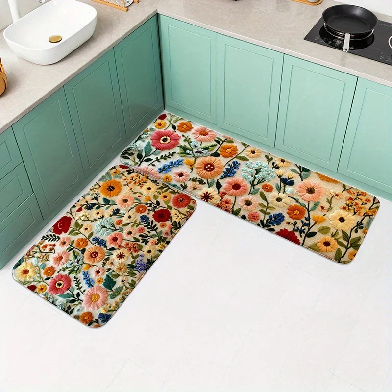 Frischer und natürlicher, maschinenwaschbarer, rechteckiger, mit Blumen bedruckter Mahlzeiten-Küchenbodenmatte im Esszimmer erhältlicher kleiner Teppich