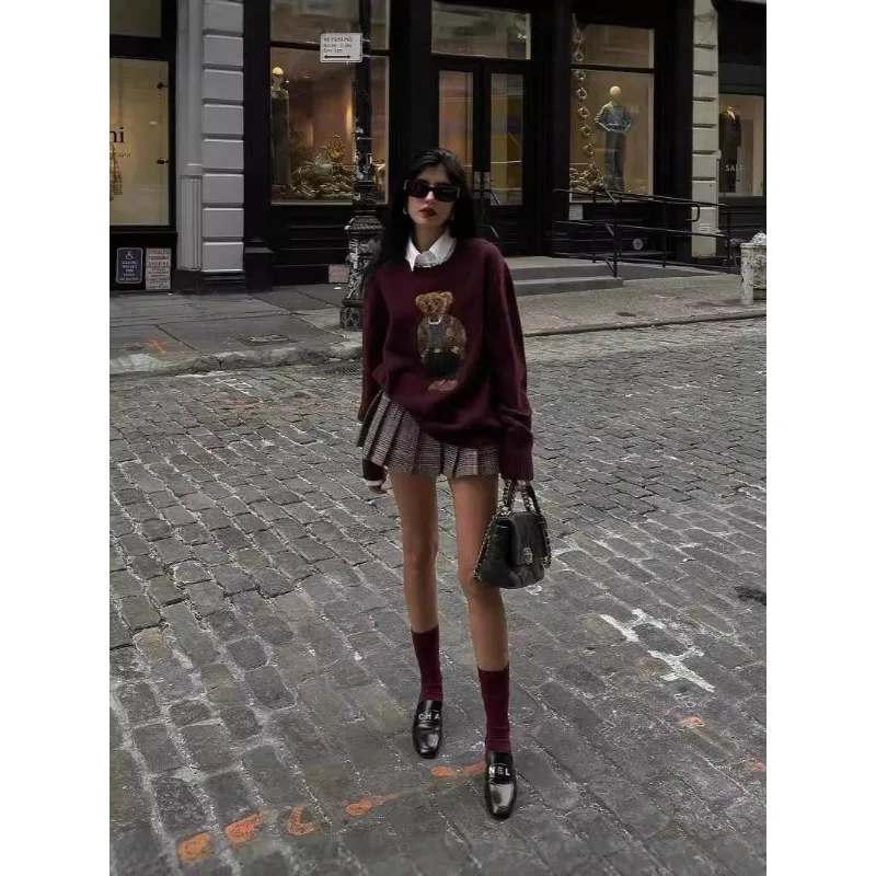 Y2k Zekye Winter Women's Sweater Clothing Bear Embroidery Round Neck Slim Fit Sweater Cartoon College Style Knitted Oversized - Image 3