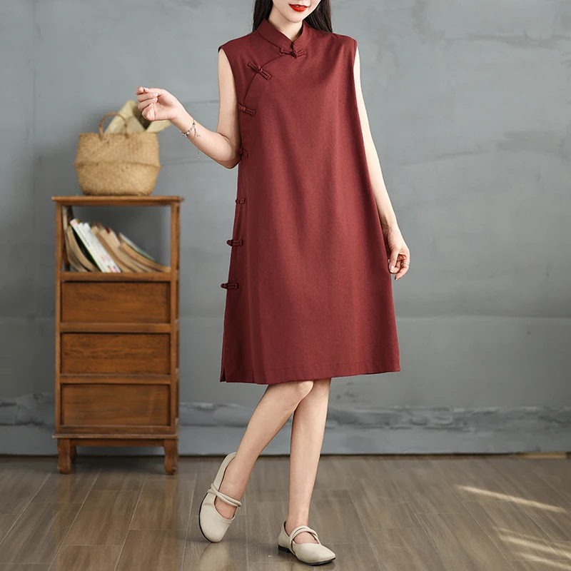 Zomer Nieuwe Plus Size Button Up Dr Midi Rode Etnische Sle Rok Met Kant Knoop Chinese Traditionele Faion Dames...