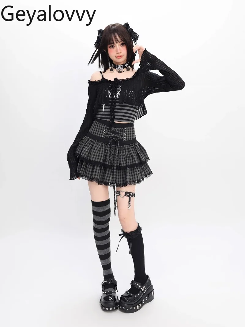 

Summer Y2K Vest Long Sleeve Top and Lace-up High Waist Plaid Short A- Line Skirt Sweet Cute Girls Versatile Slim Fit Set
