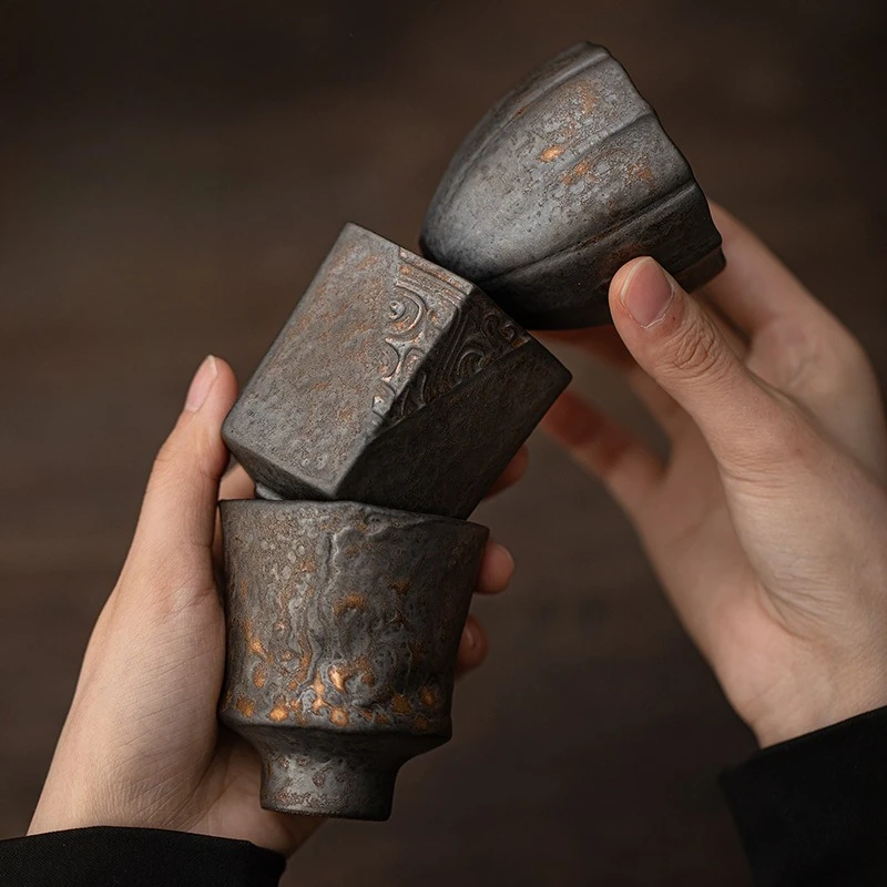 Handmade Chinese Iron Rust Glaze Master Tea Cup with Gold Trim Vintage Kung Fu Single Tasting Cup Gift Boxed