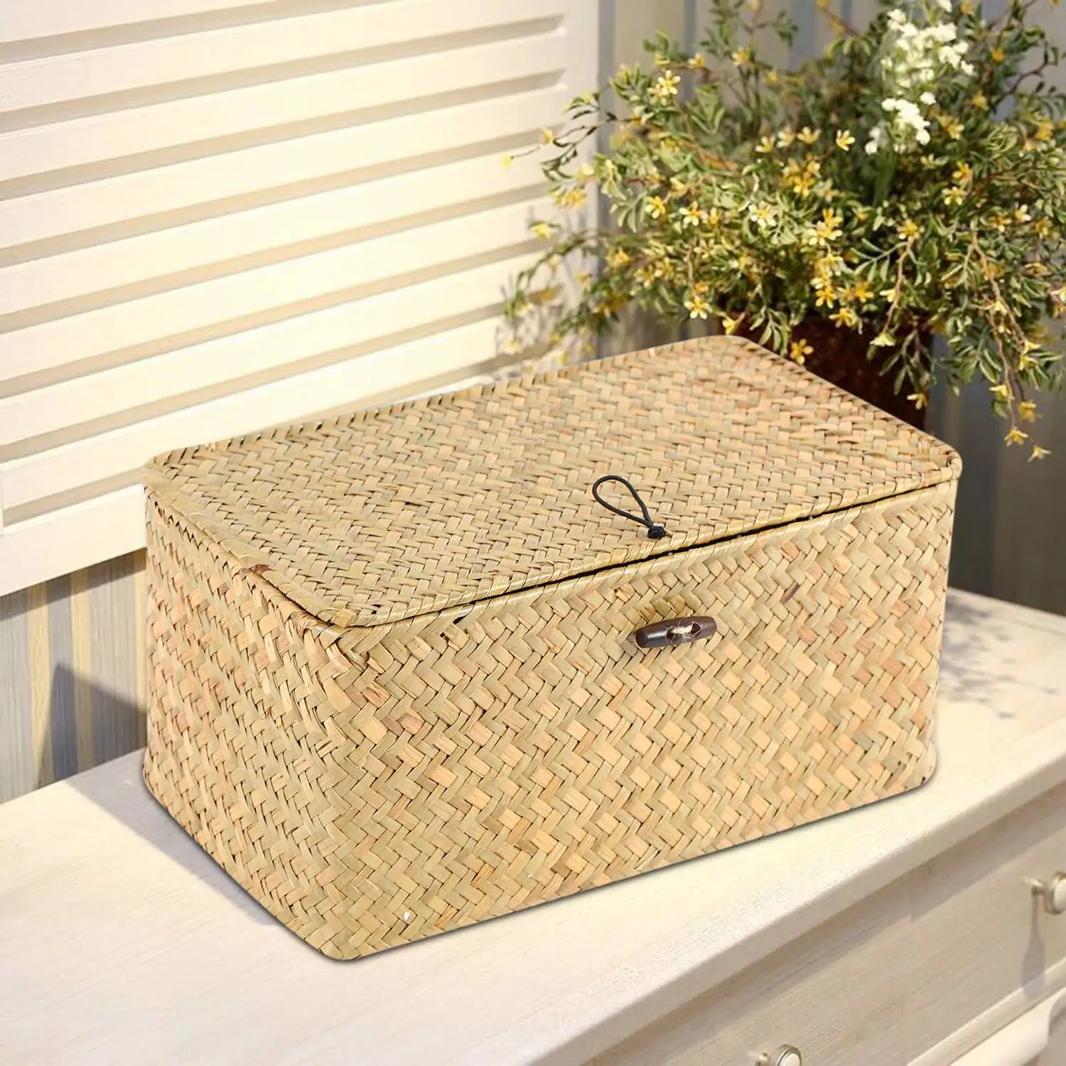 Handmade Straw Woven Storage Basket with Lid Makeup Organizer Storage Box Seagrass Laundry Baskets Rattan Jewelry Box(S)