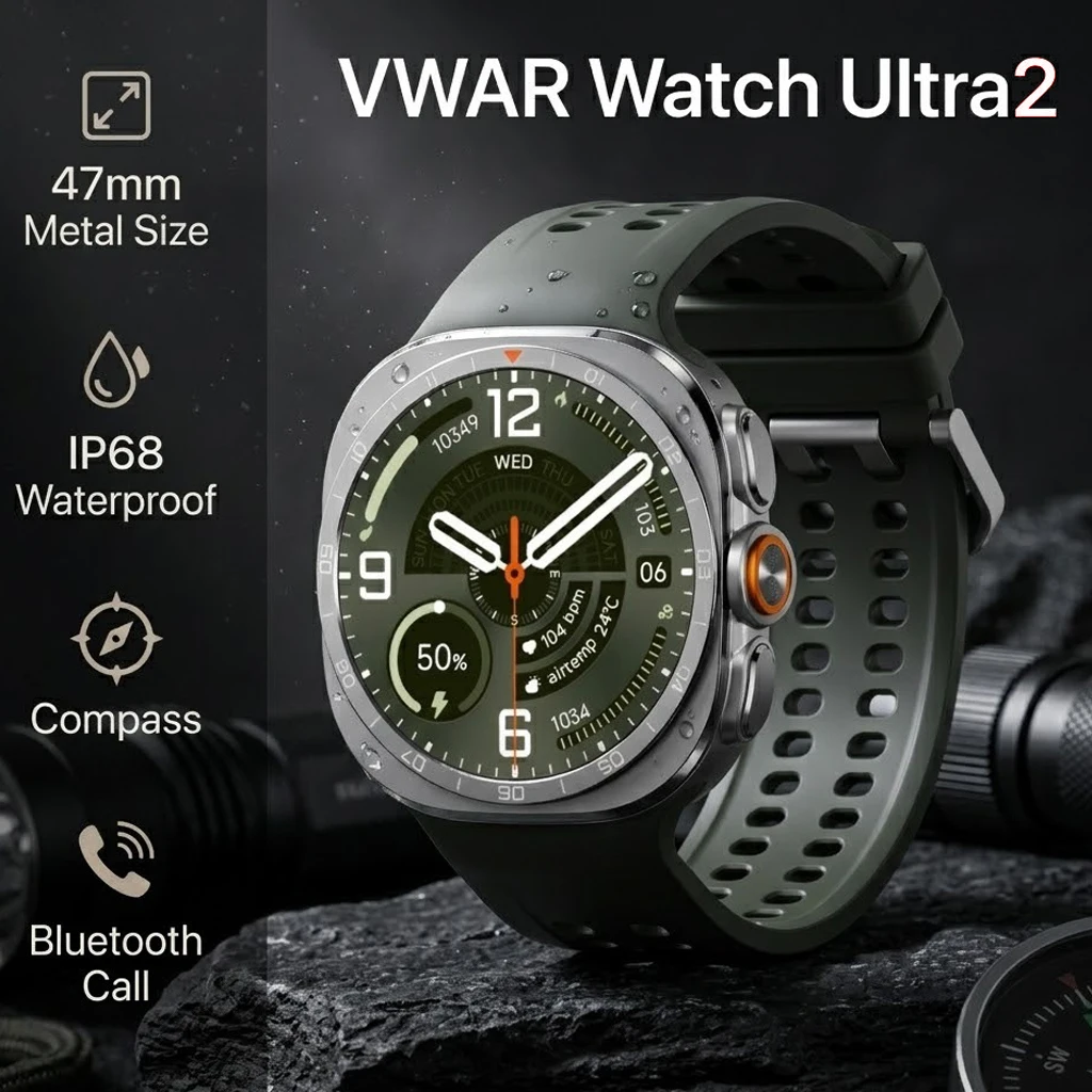 VWAR – montre connectée Ultra2 pour hommes, charge sans fil, étanche IP68, montre connectée de Sport, boussole, appels Bluetooth, 47mm