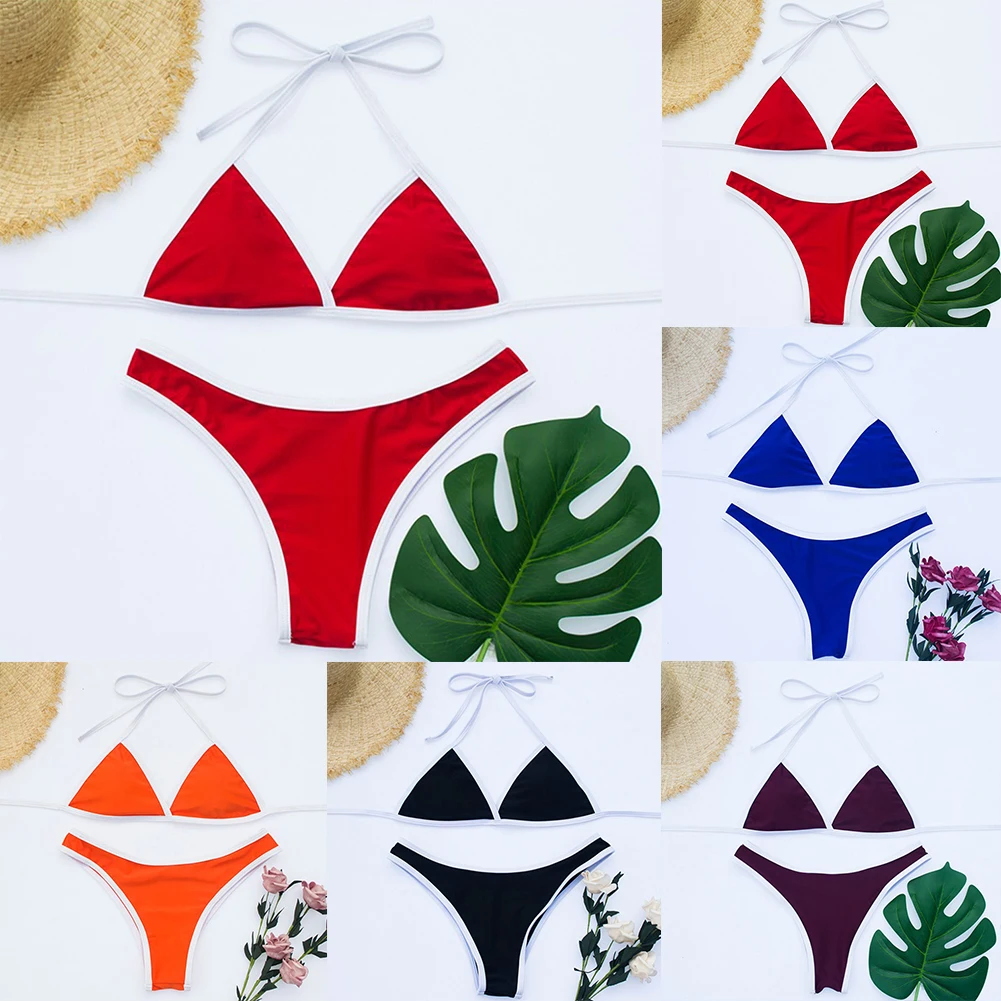 Womens Sexy Lingerie Split Bikini Solid Holiday Beach Monochrome Swimsuit Lace Up Bikini Sets Swimwear  Breathable Underwear