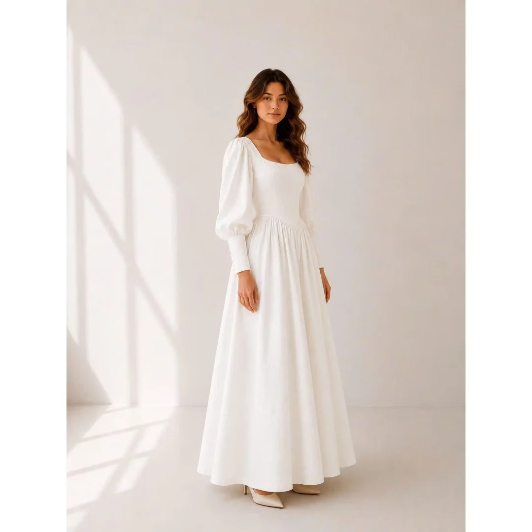 Waist Linen Wedding Dress , Linen Bridal Gown Beach Boho A-Line Wedding Dress, Minimalist Reception Custom Elopement Dress