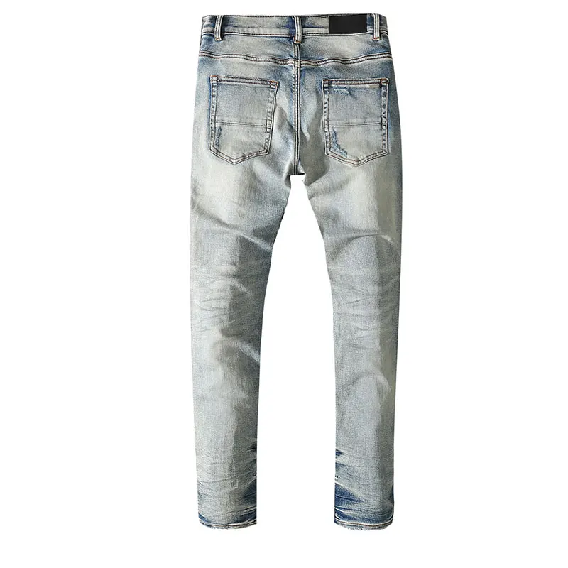 High Street Fashion New Men's Jeans Washed Nostalgic Perforated Patch High Street Trendy Hip Hop Brand Light Blue Jeans Designer