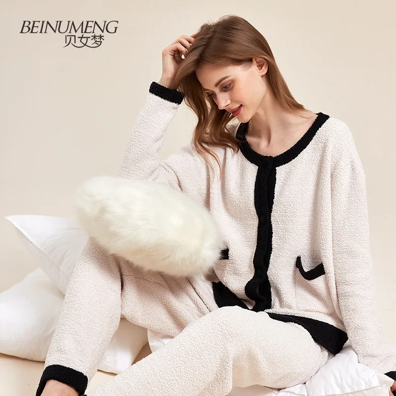 Women's Cloudlike Pajama Set Ultra Soft Winter Loungewear Long Sleeve Thermal Pajamas in Black White Cozy Fall Winter Sleepwear