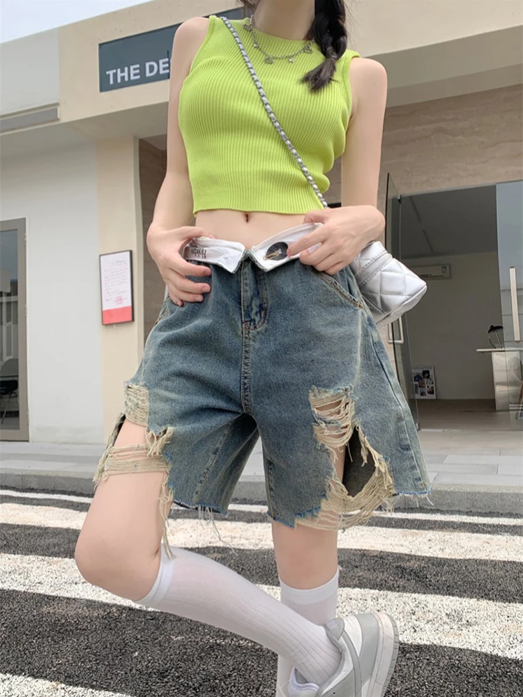 

WCFCX STUDIO Summer Women Ripped Denim Shorts Harajuku Vintage Streetwear High Waist Wide Leg Trousers Baggy Short Pants Y2K