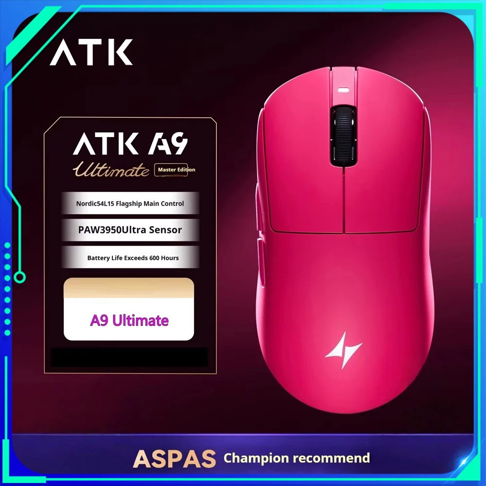 ATK A9 Ultimate Mouse Tri Mode A9ultra Max Paw3950ultra Mouse da gioco wireless 53g Leggero Nuovo rivestimento nano Mouse Hub3.0