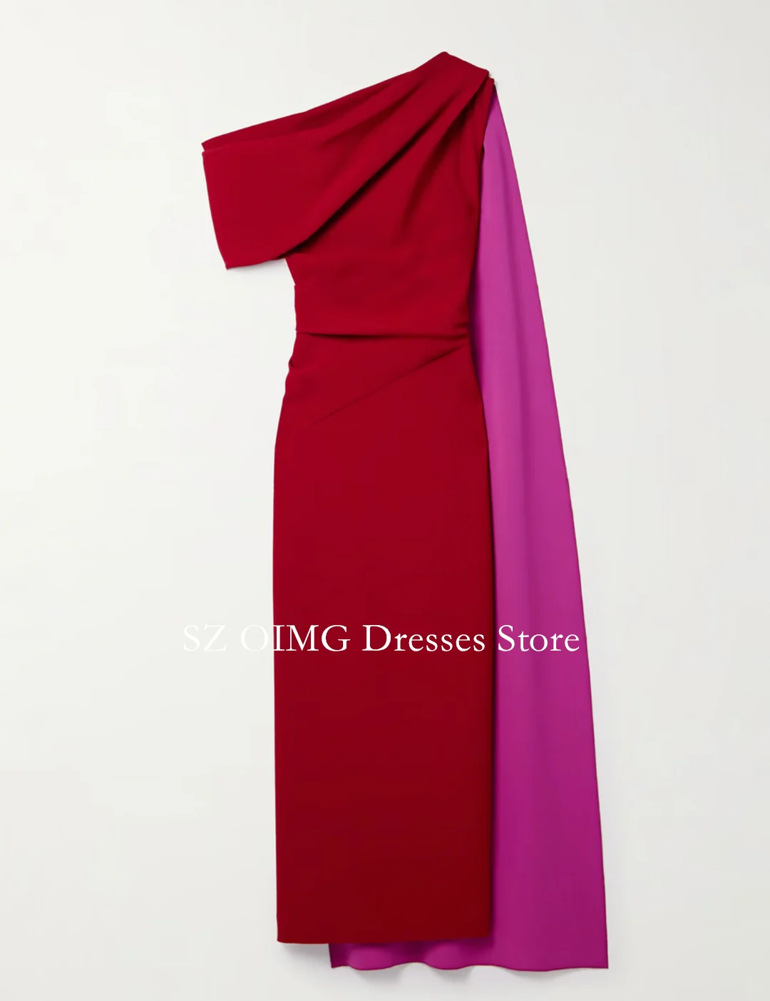 OIMG 2024 New Women\'s Maxi Crepe Satin RED SHOULDER OFF DRESS WITH SIDE CAPE Prom Dress Party Dress Customized