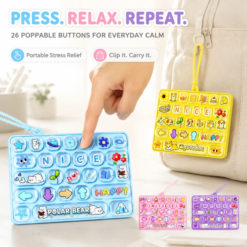 Novelty Stress Relief 26 Key Animal Diary Silicone Fidget Keyboard Keychain Bubble Popping Toy Backpack Hanging Ornament Pendant