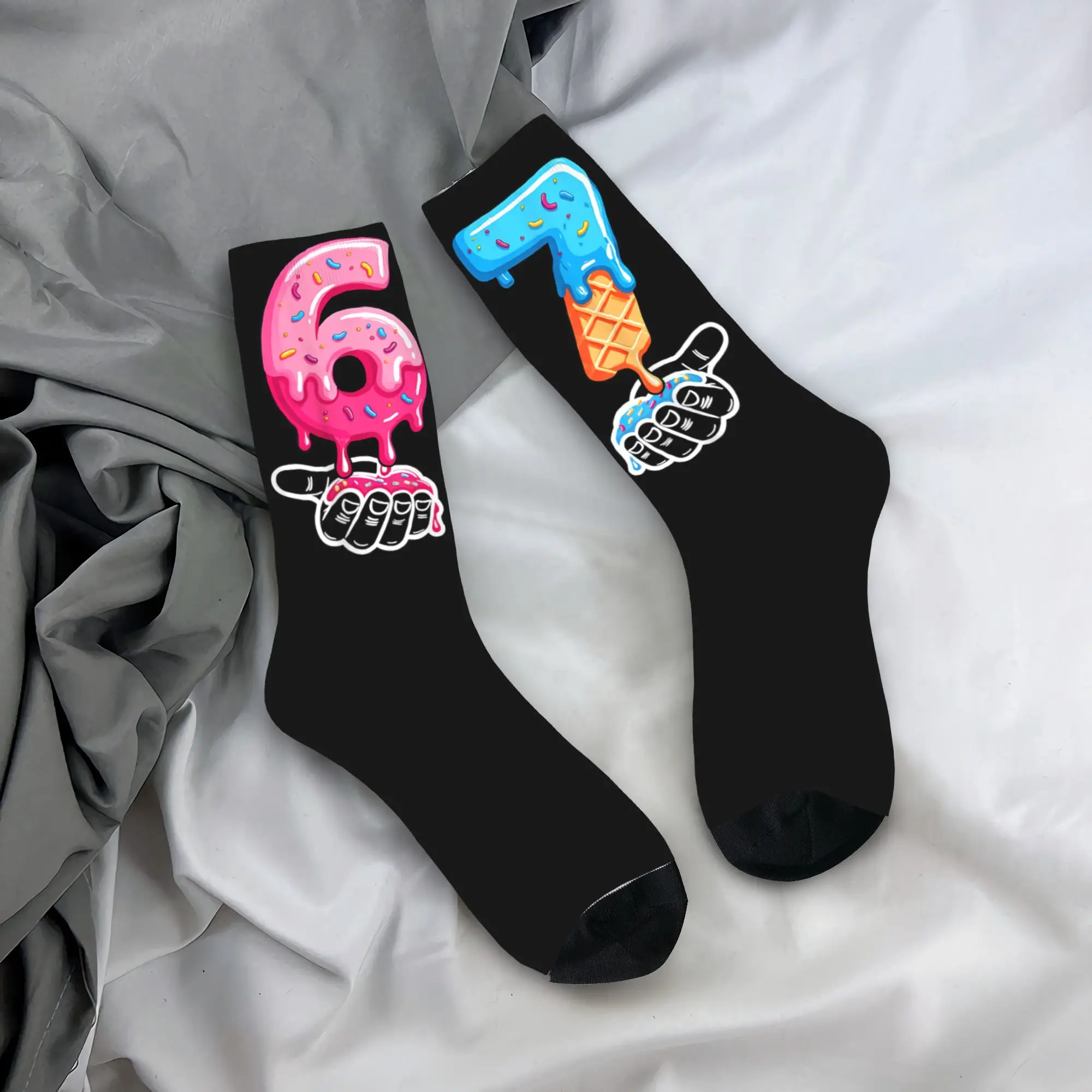 

6 7 Ice Cream Drip Hands Cool Meme 67 Funny Number Socks Non Skid Stockings Adults Men Soft Outdoor Sports Socks Winter Socks