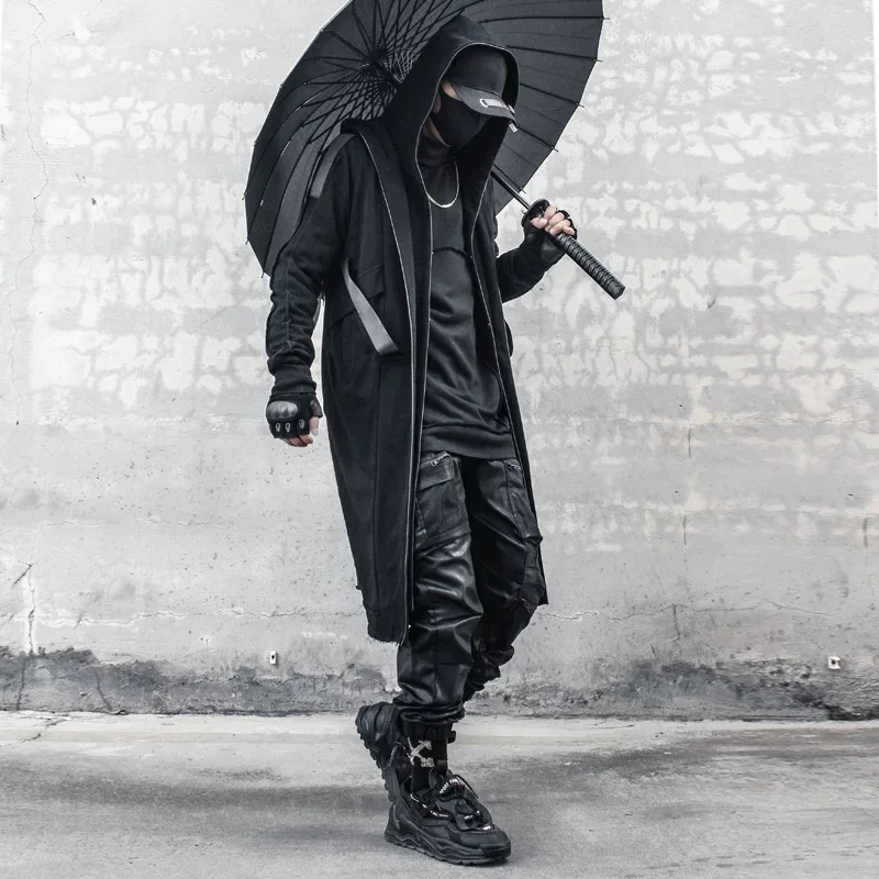 

ARENS Men Fake two Trench Jacket Windbreaker Men Gothic Punk Streetwear Long Jacket Coat Function Hoody Clothes Black