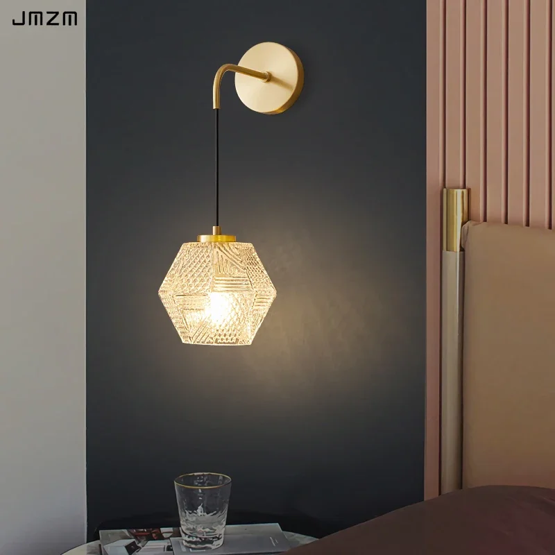 

JMZM Gold Copper Glass LED Wall Light Fixtures Bedroom Bathroom Mirror Retro Vintage Wall Lamp Sconce