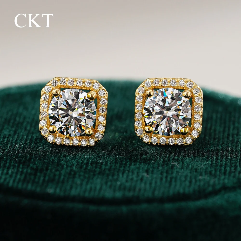 

CKT 18k Gold Square Bag 1ct Diamond Square Moissanite Stud Earrings Luxury Classic High-end Design Wedding Fine Jewelry