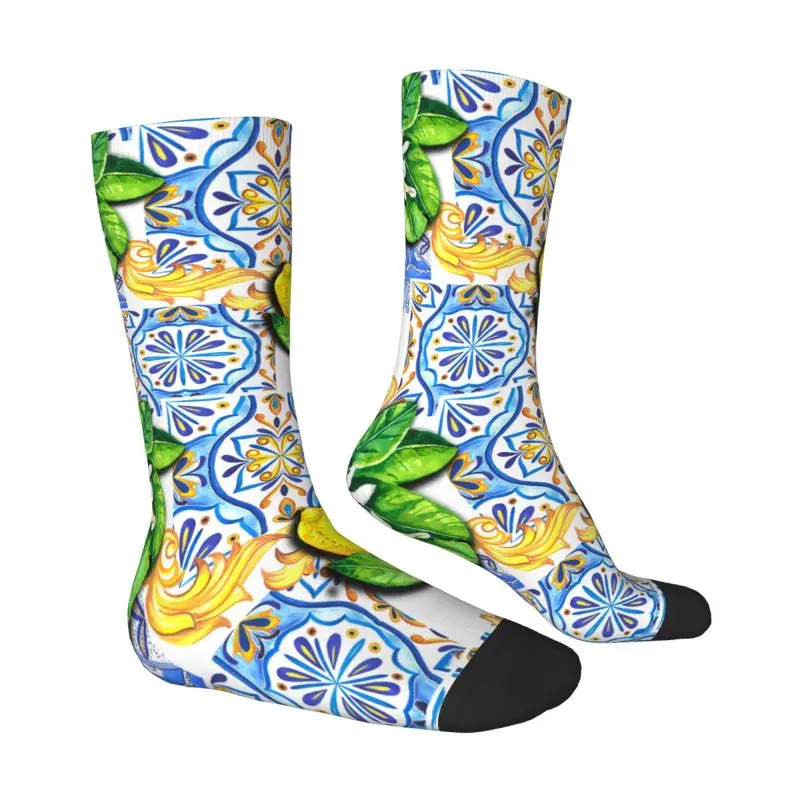 Custom Funny Mens Mediterranean Lemons Tiles Dress Socks Unisex Warm Comfortable 3D Print Crew Socks