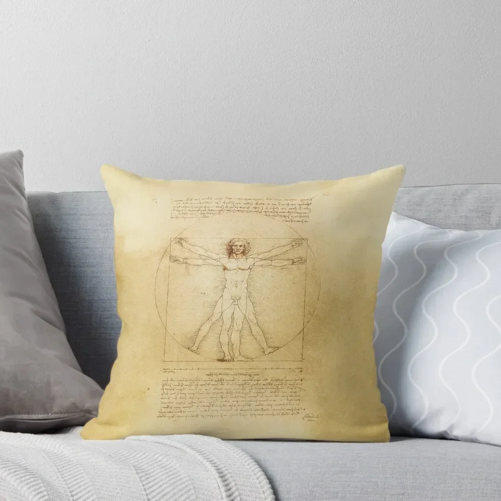 Leonardo da Vinci Vintage sketch The Vitruvian Man The proportions of the perfect human man body HD HIGH QUALITY ON Throw Pillow