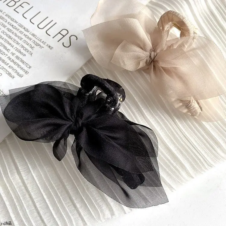 

New Sheer Mesh Bow Hair Claw Clip for Women Korean Elegant Pearl Hair Clips French Style Scrunchies for Wedding Party Daily