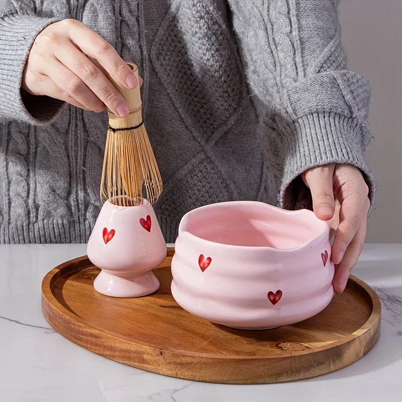 5pcs Pink Heart Decal Ceramic Matcha Set, Cute Matcha Set Includes Matcha Bowl, Whisk and Holder, Bamboo Scoop, Sifter