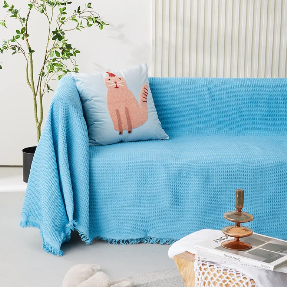 Inyahome Water Blue Decorative Cotton Sofa Throw Cover Couch Protector Slipcover Woven Jacquard for Living Room Throws Blankets