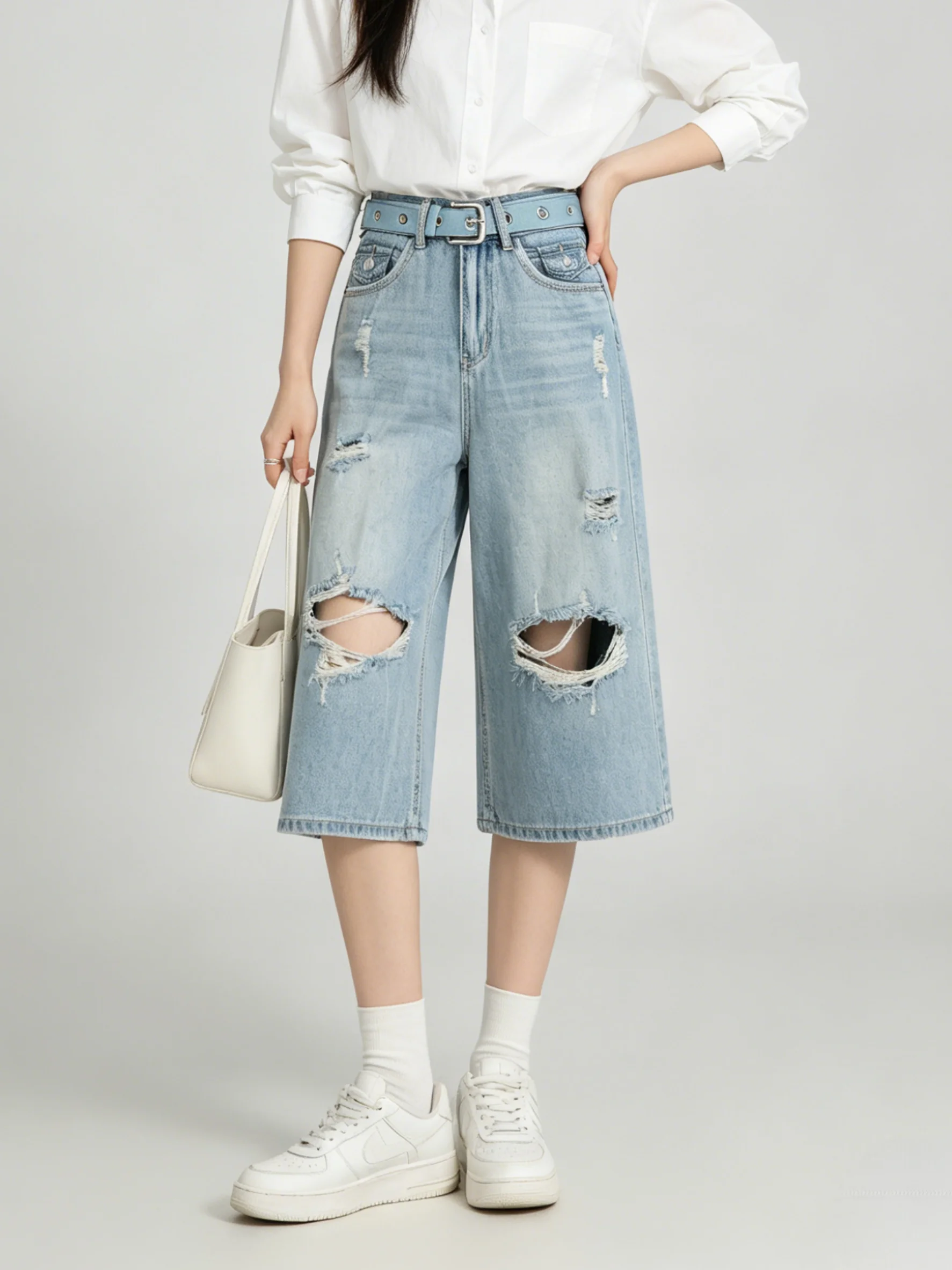 

Retro American Washed Denim Wide Leg Pants Loose Slimming Korean Style Seven-Foot Summer Jeans Casual High Waist Trousers
