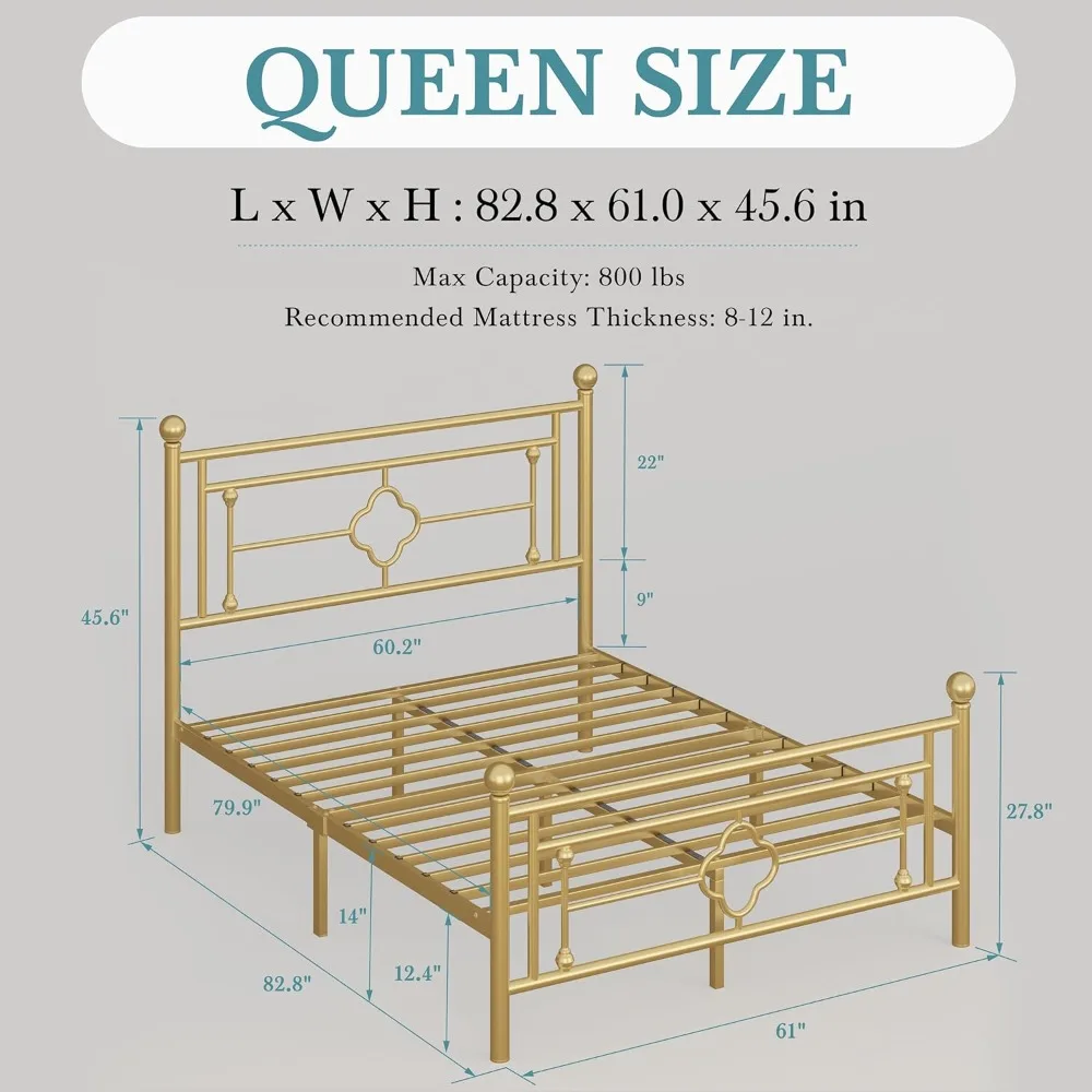 14 Inch Queen Size Metal Platform Bed Frame with Vintage Victorian Style, Wrought Iron Headboard and Footboard/Mattress