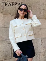 TRAFZA Women Elegant Beige White Coat Long Sleeve O Neck Jacket With Metal Buttons Spring Female Fashion Streetwear Chic Coats