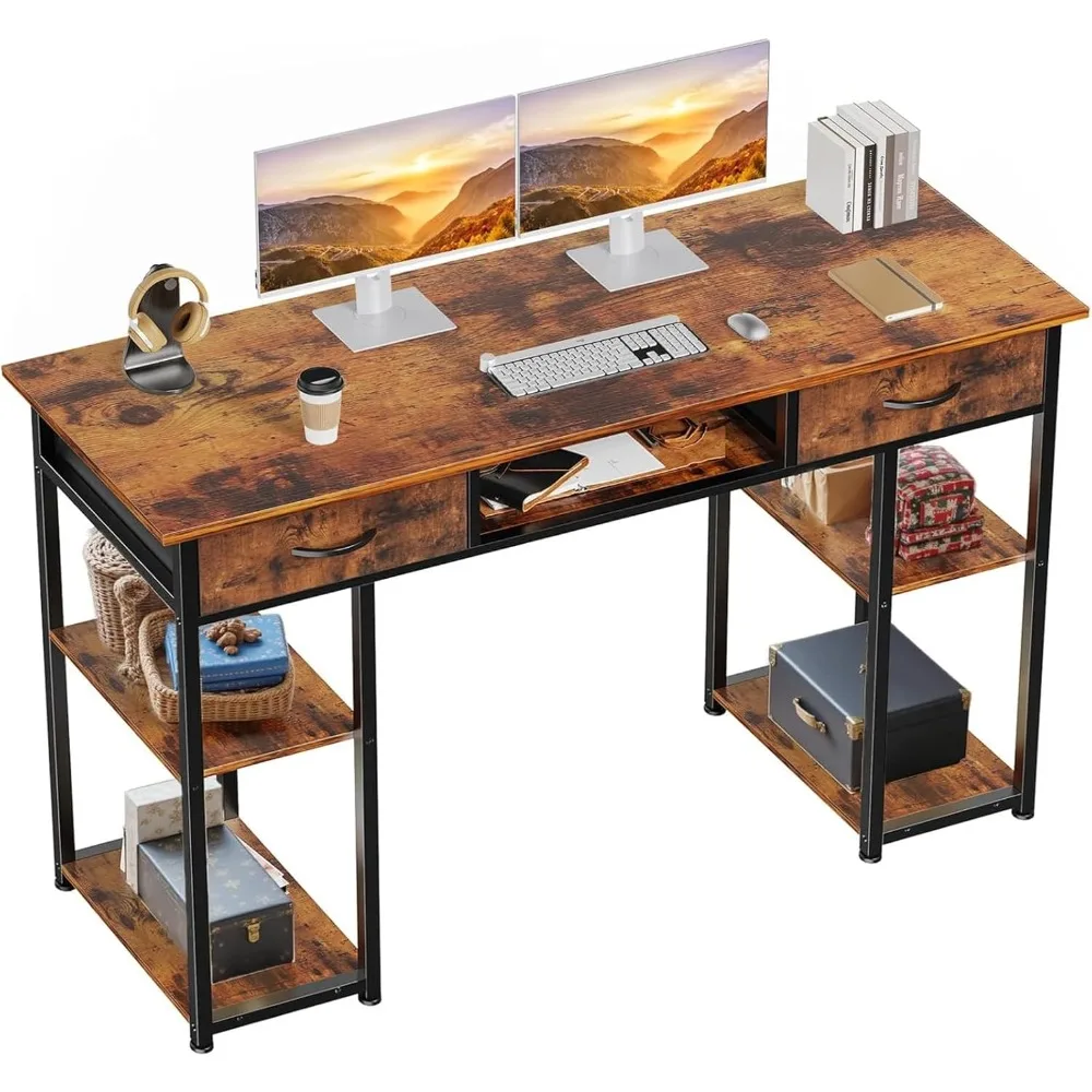 

Computer Desk - 48 Inch Home Office Bedroom Writing Study PC Table with Fabric Drawers Storage Shelves Space Side Bag Headphone