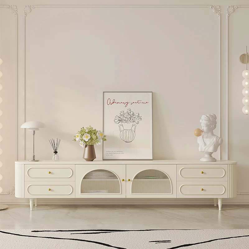 

French Cream-style TV Stands Lacquered Long Rainbow Glass Rock Plate TV Stands High-legged Solid Wood Furniture Taquilla JTT