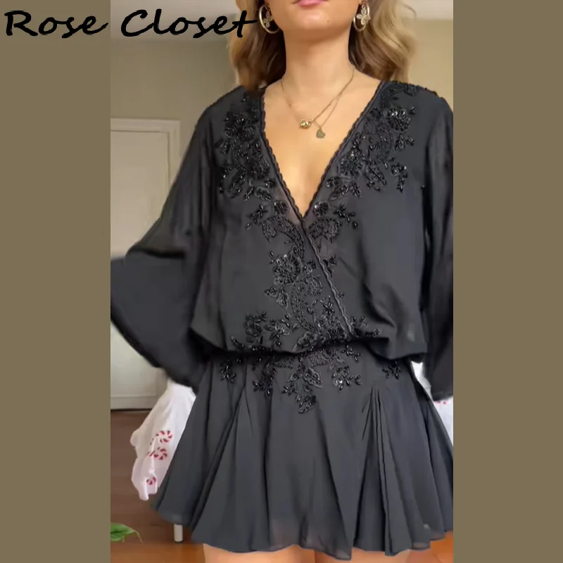 

Платье с вышивкой бисером, женское платье с v-образным вырезом, свободная плиссированная мини-юбка, сексуальные короткие платья с длинными рукавами, 2025 НОВЫЕ вечерние клубные женские юбки