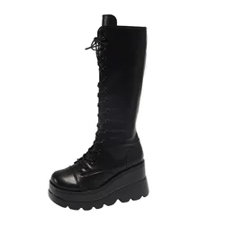 Boots Women Platform Shoes Punk Goth Lolita High Heels Winter Rain Combat Military Wedge Leather Black New Rock Clearance Offers