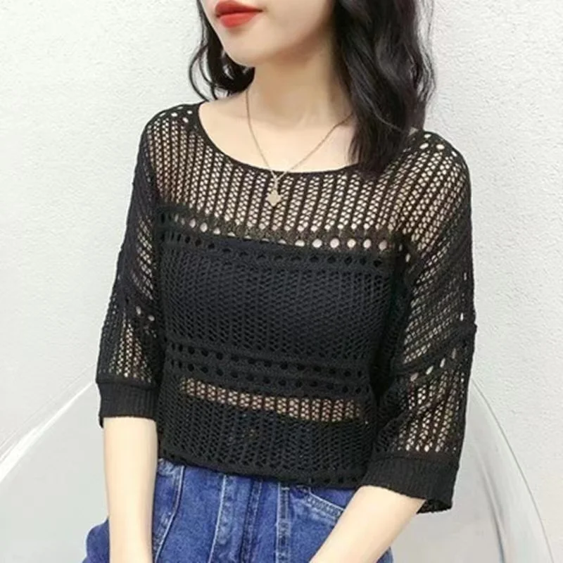 Leisure, Elegant, Sexy 2024 Spring Hollow Round Neck Short Sleeve Knitted Top