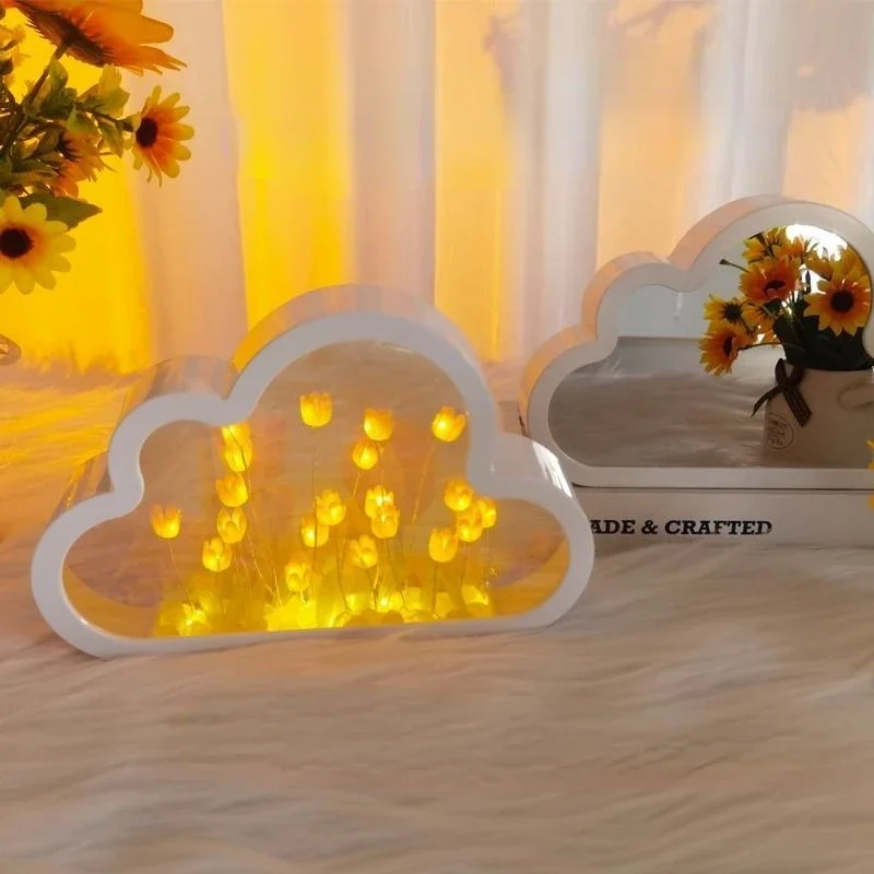 Luz nocturna de espejo de mar de flores de sentido de atmósfera para niñas, luz nocturna de tulipán de nube DIY, luces Led creativas hechas a mano, regalo de cumpleaños