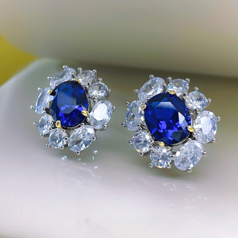 Fashion 925 Silver Imported High Carbon Diamond Blue Treasure Earrings, Elegant and Luxury Wedding Jewelry Wholesale