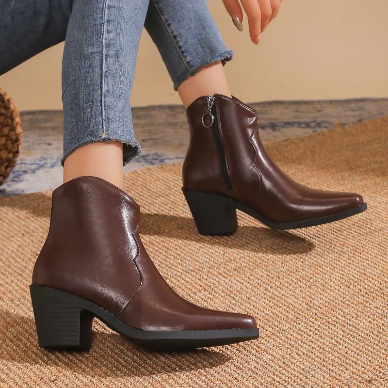 2024 Winter New Fashion Western Cowboy Ankle Boots Female Casual Platform Pointed Toe Designer Slip-On High Heels Women’s Shoes