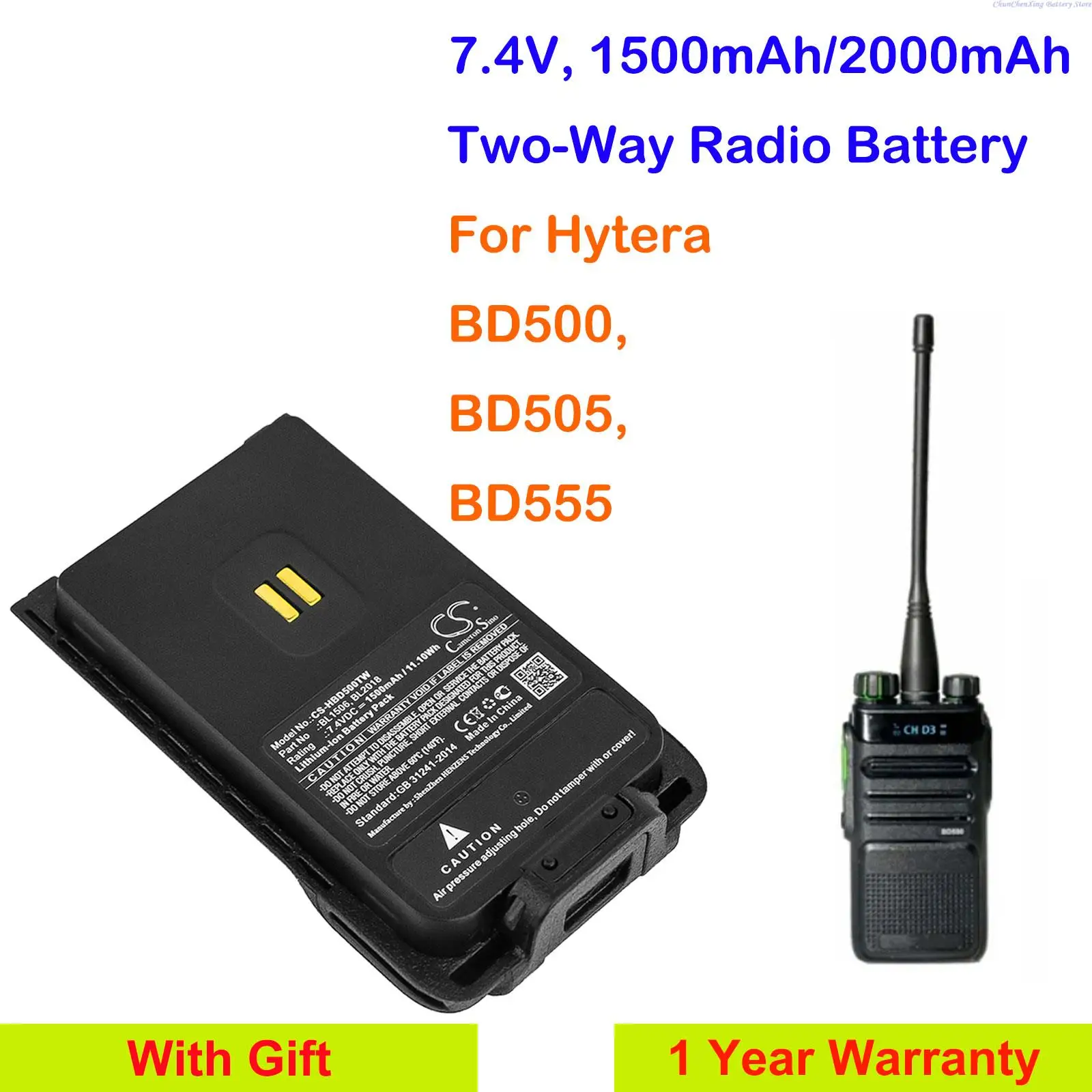 OrangeYu 7.4V 1500mAh/2000mAh Two-Way Radio Battery BL1506, BL2018 for Hytera  BD500, BD505, BD555