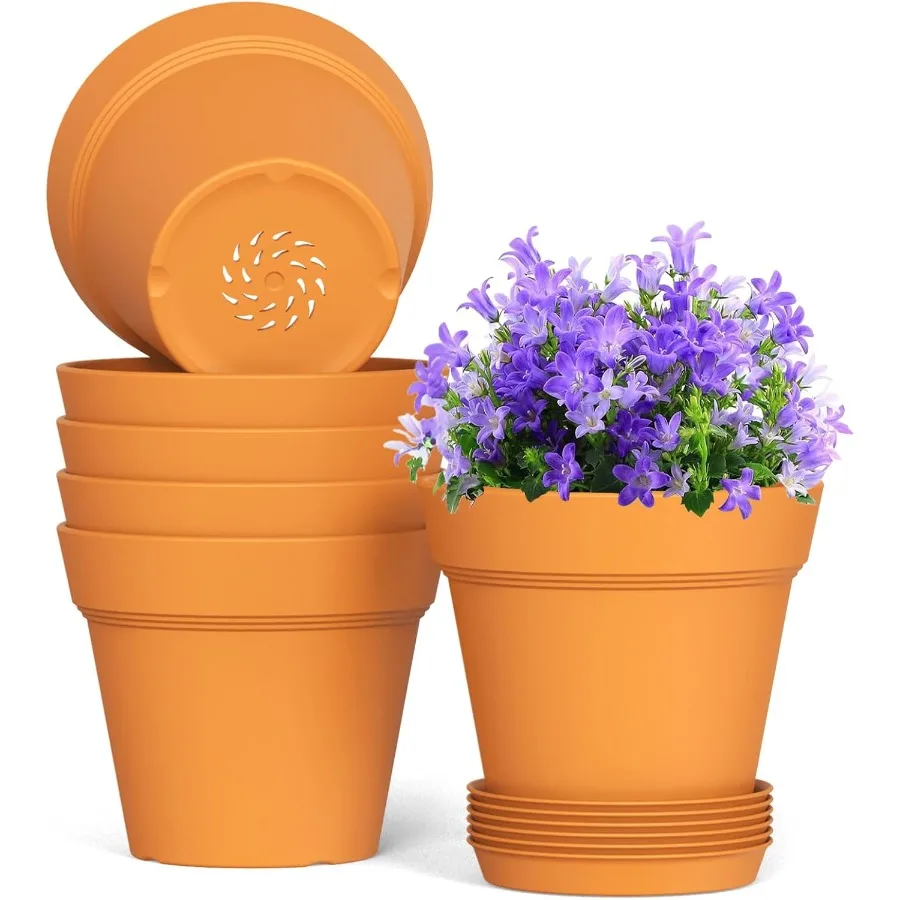 

7 Inch Thick Plastic Plant Pots with Drainage Holes and Trays 6 Pack Nursery Pots for Indoor Outdoor House Plants Seedling Star