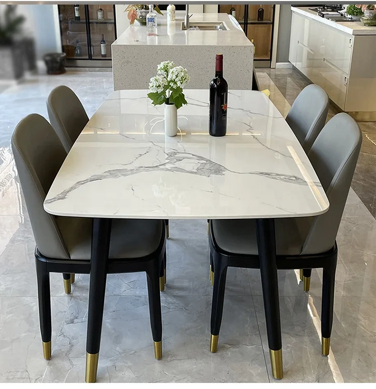 

Nordic luxury marble dining table and chair combination bright white slate dining table