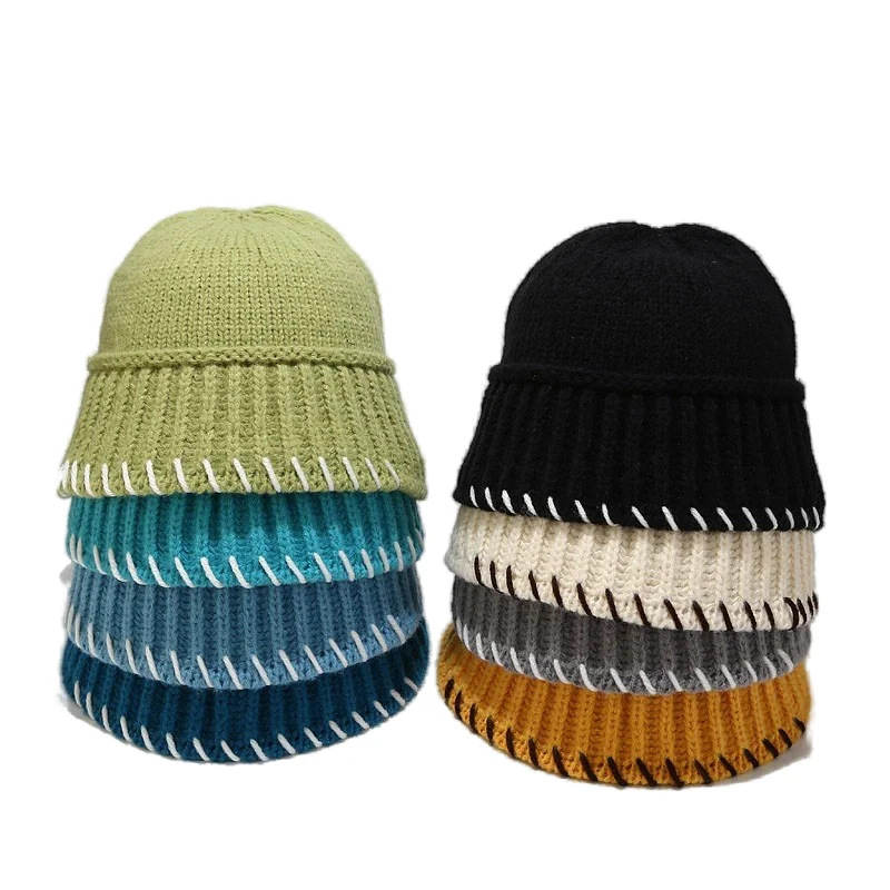 Solid color knitted coarse wool bucket hat autumn and winter retro all-match thickened warm fisherman hat