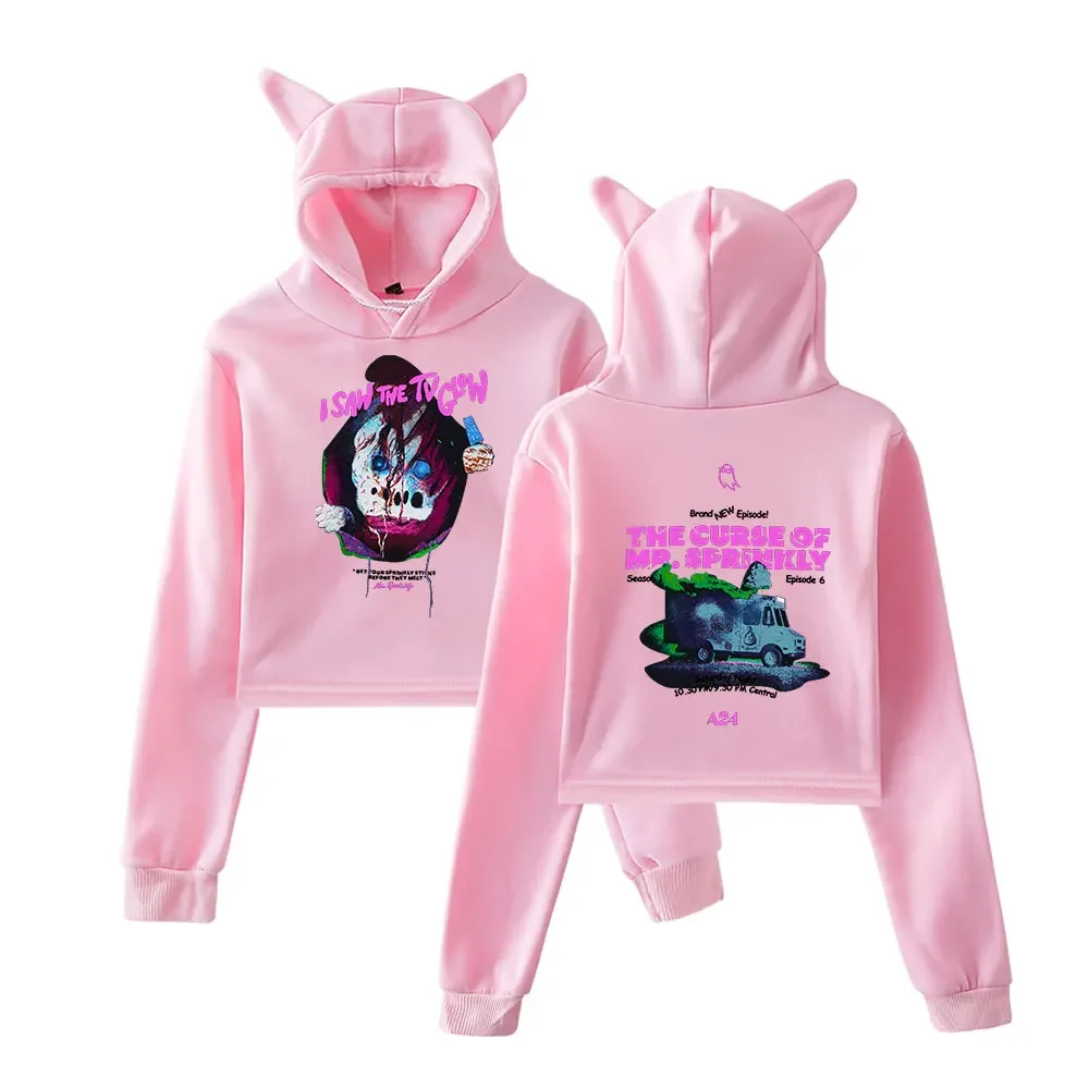 Horror Movie I Saw The TV Glow Merch Crop Top Hoodie Women Hip Hop Streetwear Kawaii Cat Ear Harajuku Hooded Cropped Sweatshirt