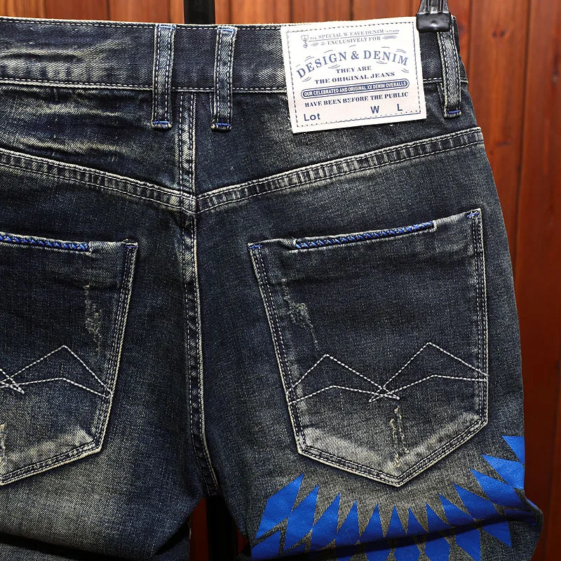 High end printed denim shorts for men, summer street fashion, rugged and handsome, retro and vintage, casual five quarter pants