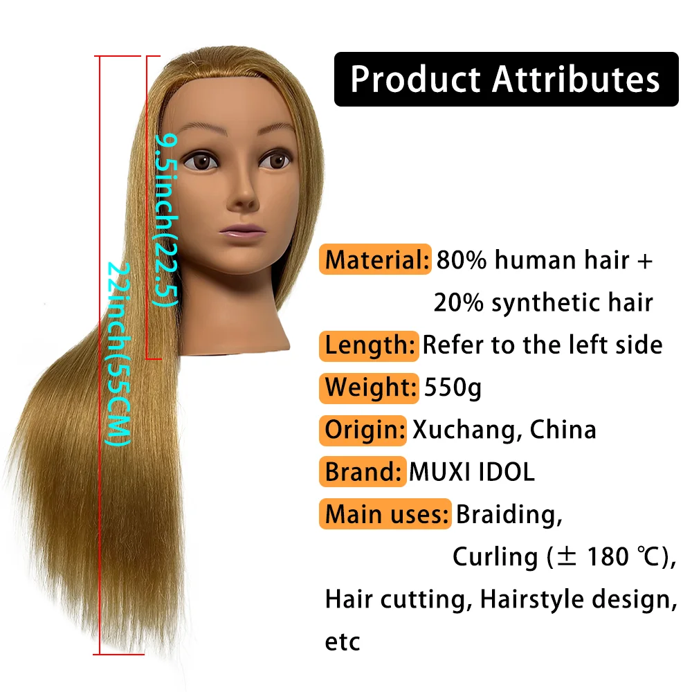 Schaufensterpuppenkopf aus 80 % Echthaar |   Hitzebeständiges goldenes glattes Haar zum Styling-Übungen, Flechten, lockiges Haar usw. 18 Zoll