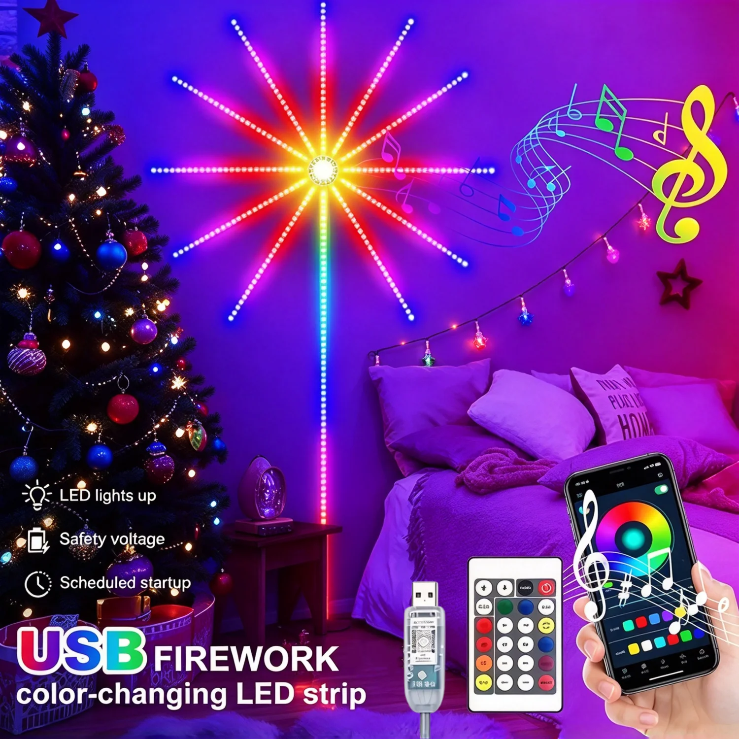 RGBIC Smart Firework LED Light Strip USB Dreamy Color Light Strips Music Sync Bedroom Bar Decoration for Christmas Holiday Party
