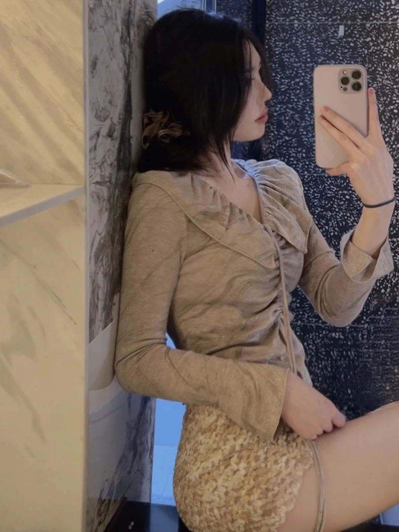 

Женская приталенная трикотажная футболка с длинным рукавом и V-образным вырезом, базовая модель, верхняя одежда для весны и лета, Ucm Artist Personali ort Sle