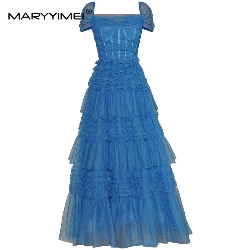 

MARYYIMEI Summer Women's Fashion Party Ball Gown dress Slash neck Garment sleeves Ruched Mesh Cascading Ruffle Elegant Dresses