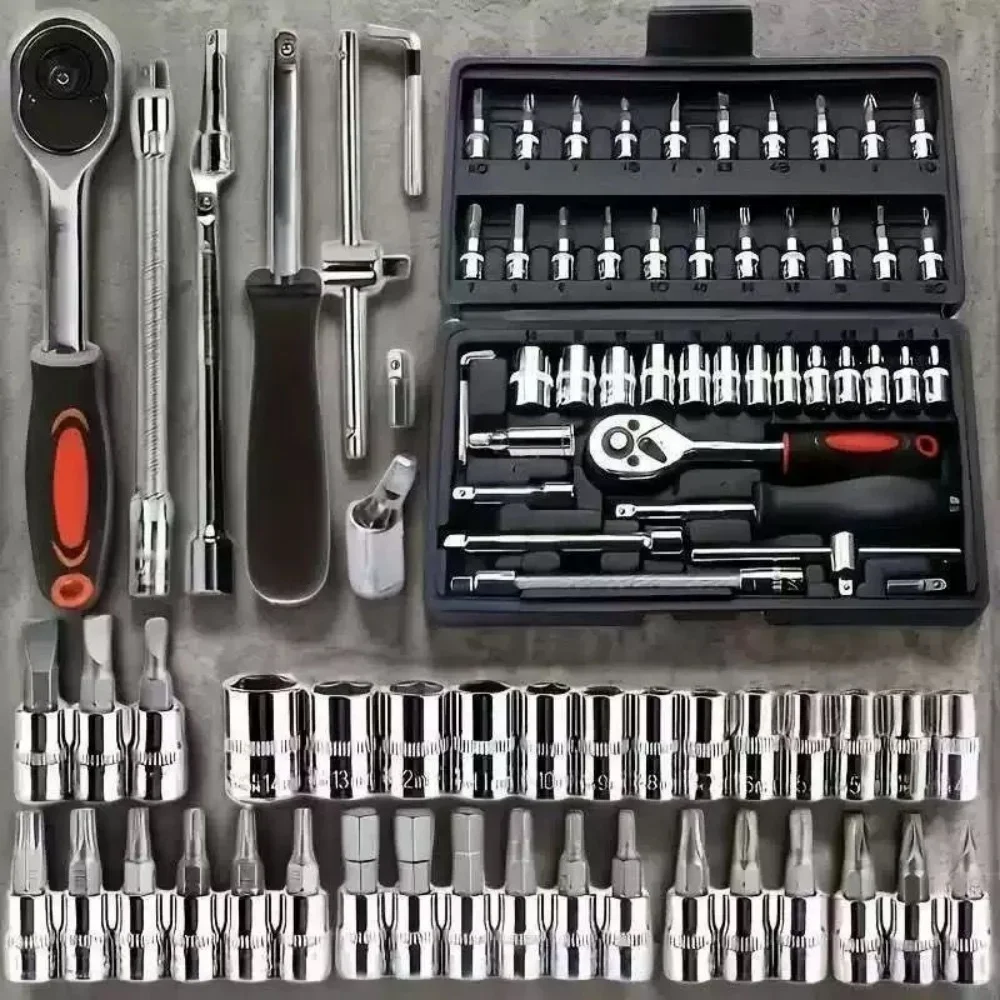 46Pcs Socket Wrench Tool Set, Ratchet Torque Wrench Screwdriver Kit, Portable Repair Tool Box for Car Household Maintenance
