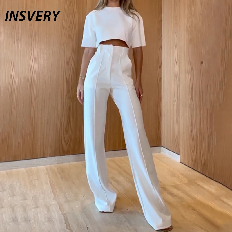 

Fashion Two Piece Set Women O Neck Casual Shirt High Waist Pants Suit Female Elegant Outfits Streetwear